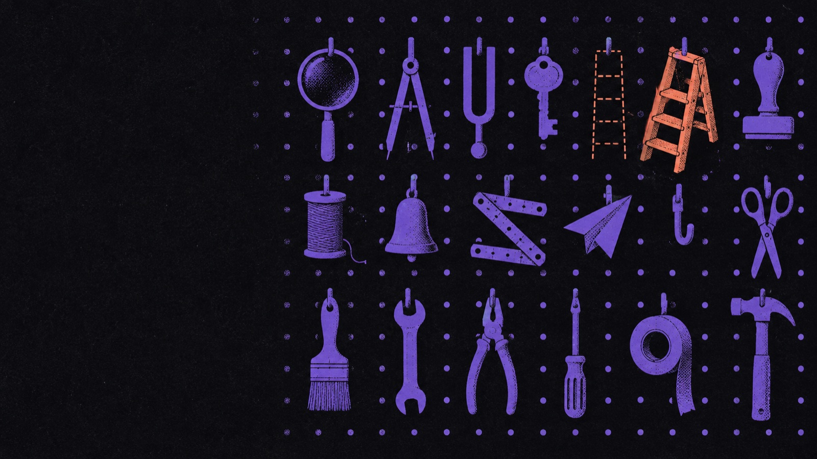 Pegboard of tools in violet ink with one coral ladder taken down