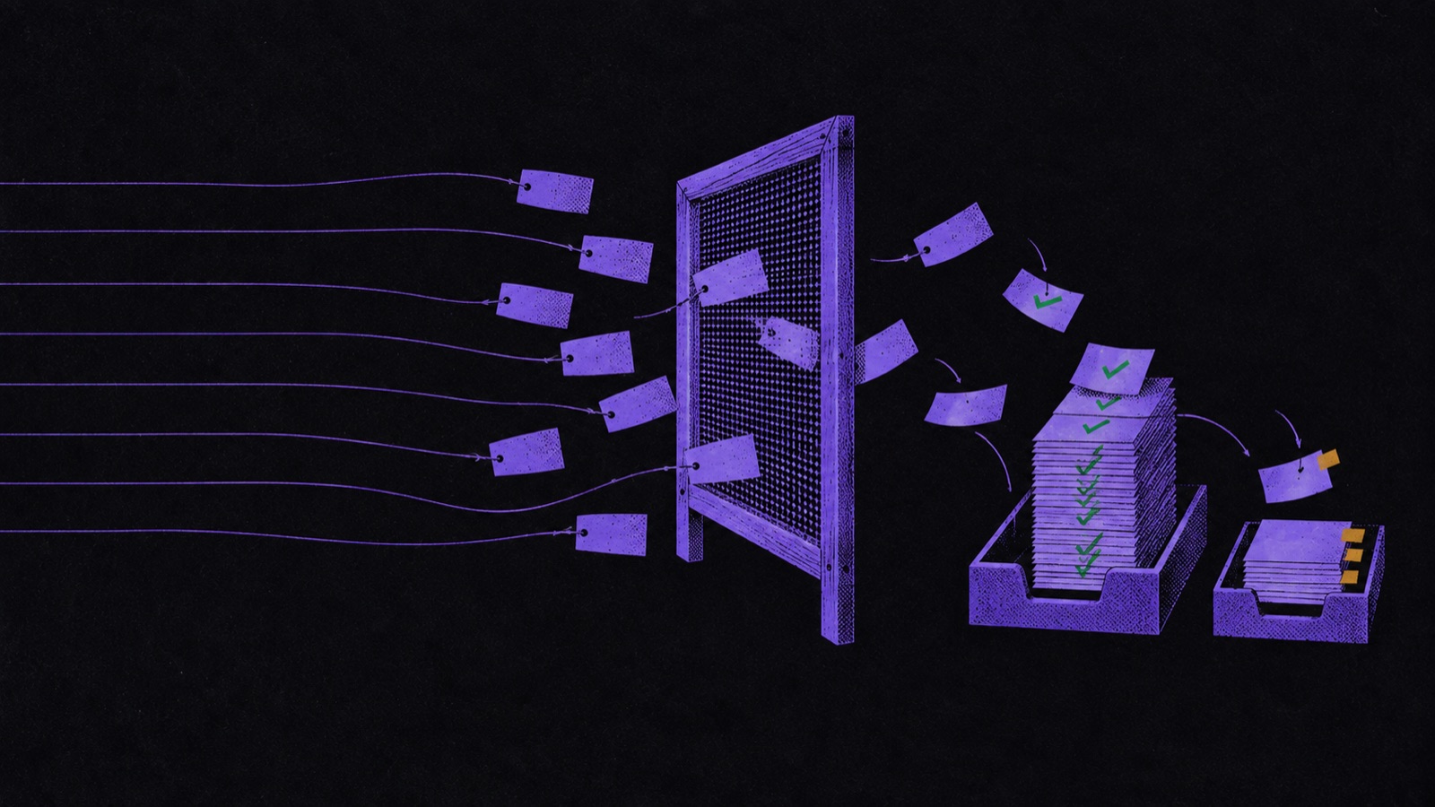 Paper slips on violet threads pass through a sieve into a tall verified stack and a small annex tray